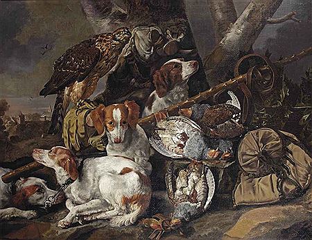A hunting still life of partridges with four Springer spaniels