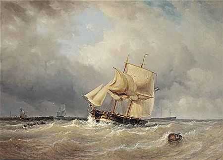 A Dutch two-master on choppy waves near a jetty