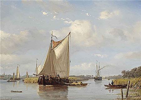 A summer river landscape with flatboats