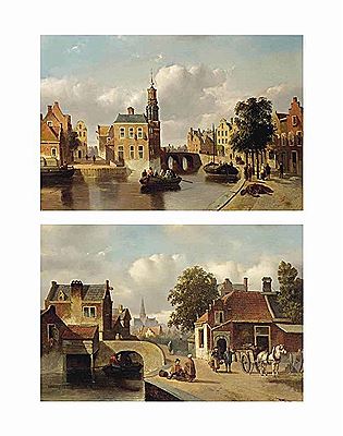 A capriccio view of the Munt, Amsterdam; and A capriccio view of Haarlem with the St. Bavo church (2)
