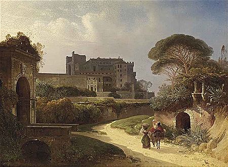 A veduta of an Italian castello and gardens