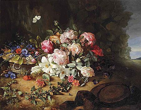 Gallica roses, white lilies, carnations