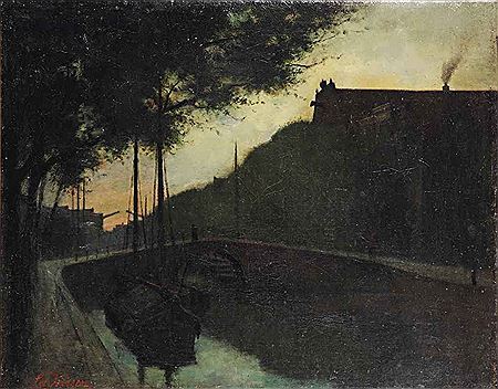 Oude stad: A sunset view of a canal by Eduard Karsen - Auction record, sale price, and art valuation. Compare with similar artists and explore comparable artworks.