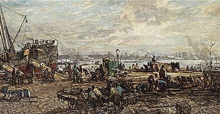 Bij het Lossen der booten: Unloading the boats in the harbour of Rotterdam