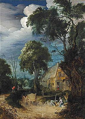 A wooded landscape with figures resting by a cottage