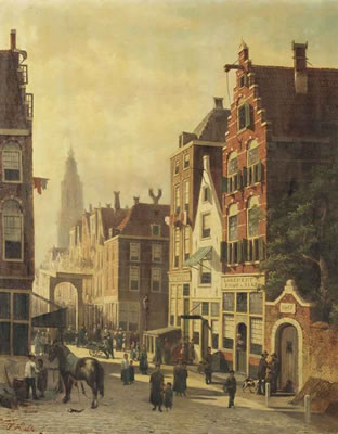 A busy sunlit street with a view of the Martinitoren, Groningen