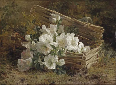 White azaleas and mimosas in a wicker basket on a forest floor
