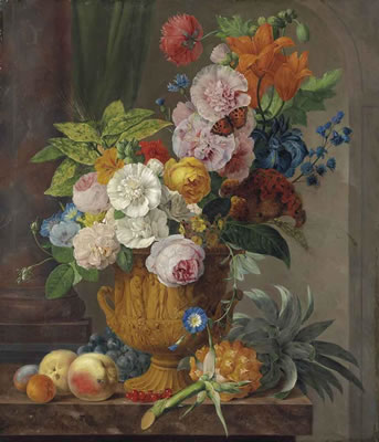 ROSES, LILIES, A SHEAF OF WHEAT, MORNING GLORIES AND OTHER FLOWERS IN A SCULPTED URN, WITH A PINEAPPLE, RED GOOSEBERRIES, GRAPES, PEACHES AND APRICOTS ON A MARBLE LEDGE