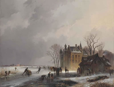 A winter landscape with skaters on a frozen lake near a castle
