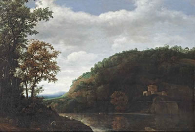A MOUNTAINOUS RIVER LANDSCAPE WITH A SHEPHERD IN THE LEFT FOREGROUND AND A TEMPLE ON THE OPPOSITE RIVER BANK