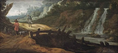A rocky landscape with figures on a path, a waterfall to the right