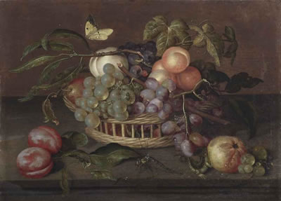 A WICKER BASKET WITH WHITE AND BLUE GRAPES, PEACHES, AN APPLE AND VINE LEAVES ON A STONE LEDGE TOGETHER WITH PLUMS, A LIBELLE, A LIZARD, A BUTTERFLY AND OTHER FRUITS