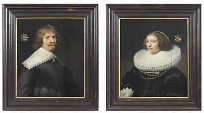 PORTRAIT OF JAN VAN DER HAER (1609-1665), HALF-LENGTH, IN A BLACK SILK DOUBLET WITH CUTWORK, EDGED WITH BLACK LACE; AND PORTRAIT OF LEVINA OCKERS (1607-1678), HALF-LENGTH, IN A BLACK DRESS WITH A DOUBLE LAYERED LACE-TRIMMED RUFF AND JEWELLED COLLAR by Michiel Jansz Van Miereveld - Auction record, sale price, and art valuation. Compare with similar artists and explore comparable artworks.