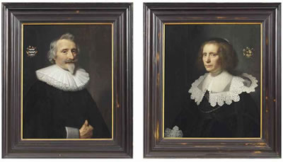PORTRAIT OF JAN VAN DER HAER (1573-1646), HALF-LENGTH, IN A BLACK CAPE OVER A DOUBLET, AND A LACE RUFF; AND PORTRAIT OF MARIA VAN KINSCHOT (1589-1648), HALF-LENGTH, IN A BLACK LACE-TRIMMED DRESS WITH A FLAT LACE-TRIMMED COLLAR AND THREE STRINGS OF PEARLS