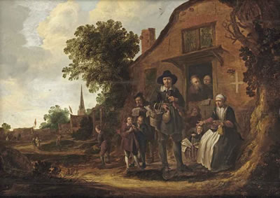 A music merchant surrounded by a group of villagers in front of a farm house