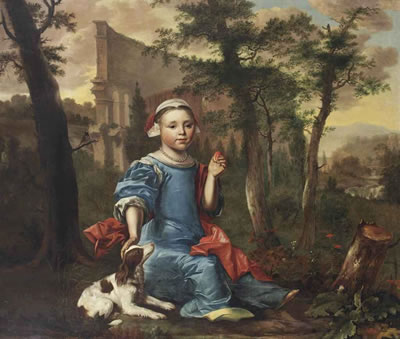 Portrait of a girl, full-length, in a blue dress and red wrap, with a white bonnet and pearl necklace, holding a peach in her left hand, with a dog, in a landscape with the ruins of the Colosseum beyond