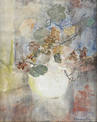 An East Indian cress in a white vase