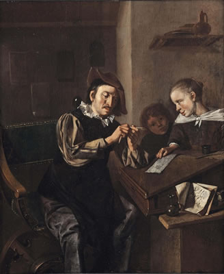 A school interior with the head master sharpening a pencil while two children look on