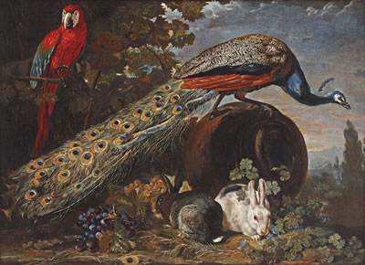 A peacock on an overturned urn, a parrot in a tree, two rabbits and bunches of grapes in a garden