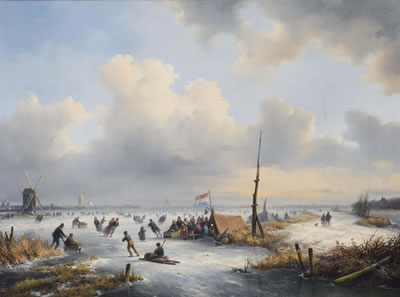 A winter landscape with figures skating near a koek-and-zopie
