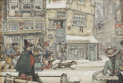 A bustling street in winter by Anton Pieck - Auction record, sale price, and art valuation. Compare with similar artists and explore comparable artworks.