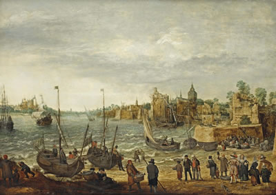 Fishermen bringing in the catch, elegant figures purchasing fish on the bank and numerous other figures, a fortified town beyond