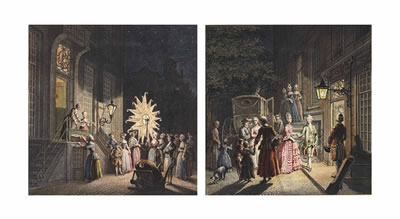Revellers visiting a house with a Twelfth Night lantern; and Elegant figures arriving at a ball