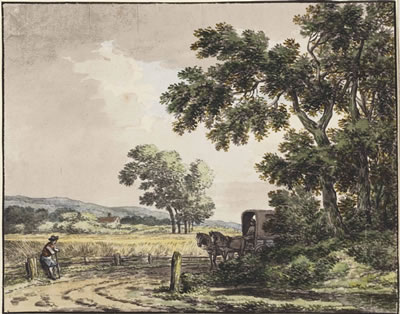 A country road with a cart and two horses by a cornfield