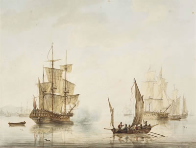 Ships at anchor in an estuary, one firing a salute, an American sloop nearby
