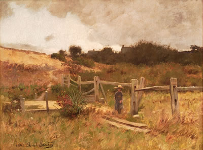 Landscape of a country/farm scene with a child by a fence