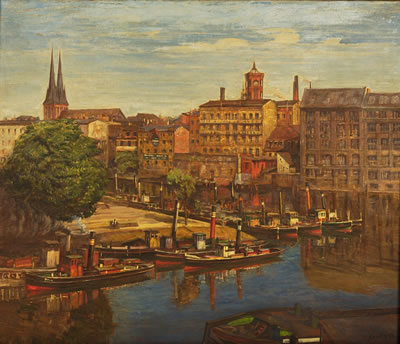 Coastal city waterfront with tug boats by Paul Gotz-Racknitz - Auction record, sale price, and art valuation. Compare with similar artists and explore comparable artworks.