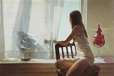 A young girl sitting in a chair in an undershirt, pulling aside a curtain to look out the window
