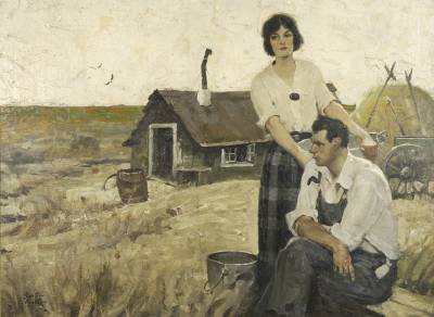 Illustration of a woman and a man in front of a small house