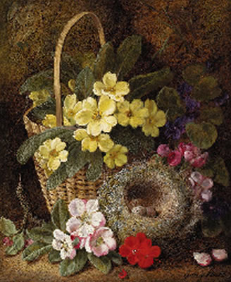 Still Life with Primroses, Violas, Cherry Blossom and Geraniums and a Thrush's Nest