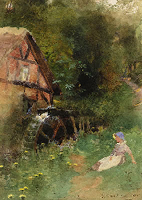 A young girl seated near a watermill