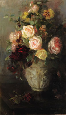 Still life with pink, yellow and red roses in a vase by Louise Ellen (Torrance) Perman - Auction record, sale price, and art valuation. Compare with similar artists and explore comparable artworks.