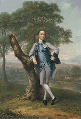 Portrait of Thomas Bateman Lane (b. 1735), small full-length, in a grey suit with a blue waistcoat, holding a tricorn in his left hand, leaning on a tree stump, in a river landscape with the sea beyond