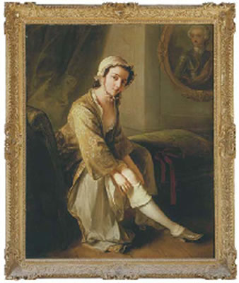 A young woman, in a fawn dress, seated on a chaise longue in an interior, removing her right stocking, an oval portrait of a gentleman, traditionally identified as the 'Young Pretender', on the wall beyond