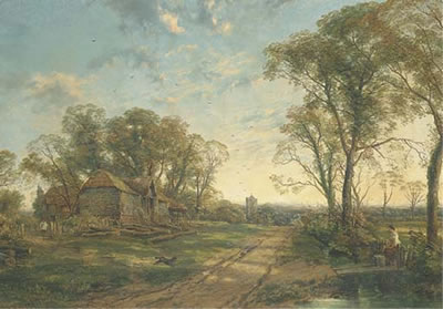 View in Surrey, with figures and a dog by a barn, a church tower beyond