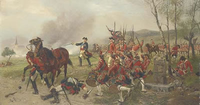 George II at the Battle of Dettingen. 'George dismounted, drew his sword and put himself at the head of the troops exclaiming: "Now, boys, now for the honour of England: fire and behave bravely, and the French will soon run."'