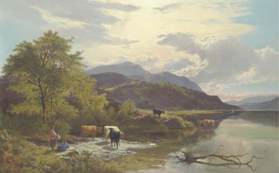 Mountain landscape with figures and cattle by a lake