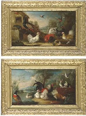 A peacock, chickens, a jay and other birds by a barn; and Chicken, ducks and pigeons by a wall in a river landscape (2)
