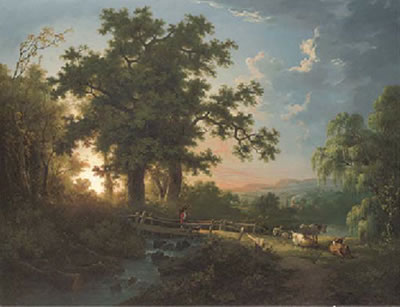 A wooded river landscape, with a faggot gatherer on a bridge, cattle and sheep
