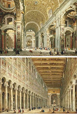 Interior of Saint Peter's, Rome, looking west towards the tomb of St. Peter, with numerous worshippers and other figures in the nave; and Interior of San Paolo fuori le Mura, Rome, looking down the nave towards the altar, with numerous worshippers, workme