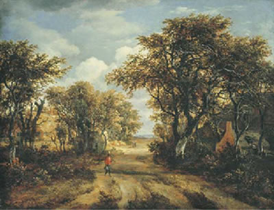 A wooded landscape with a hunter and other figures on a path