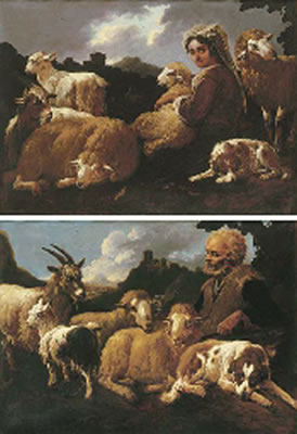 A shepherdess surrounded by her flock within a landscape; and A shepherd surrounded by his flock within a landscape (a pair)