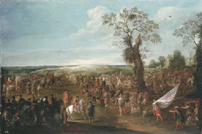 Troops manoeuvring in an extensive landscape