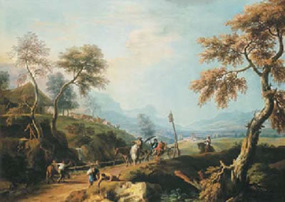 A wooded landscape, with gentlemen in a carriage on a road in the foreground, a valley beyond by Marco Ricci - Auction record, sale price, and art valuation. Compare with similar artists and explore comparable artworks.