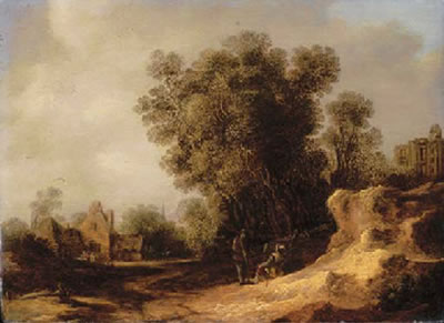 A landscape with peasants resting on a bank, a village beyond