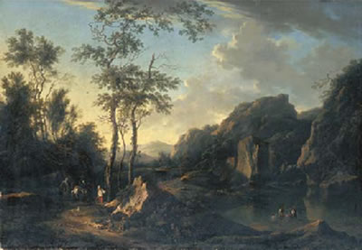 A wooded river landscape with travellers and peasants on a path and fishermen on the bank